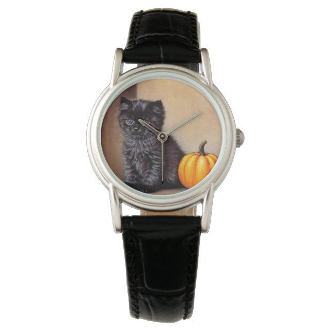 Vintage Halloween Black Kitten Illustration Armbanduhr (Vorderseite)