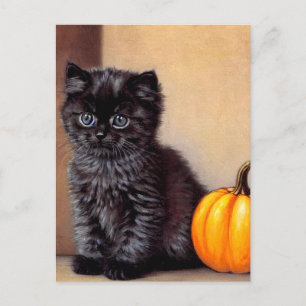 Vintage Halloween Black Kitten Illustration Feiertagspostkarte