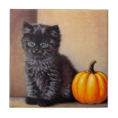 Vintage Halloween Black Kitten Illustration Fliese (Vorderseite)