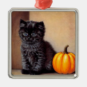 Vintage Halloween Black Kitten Illustration Ornament Aus Metall