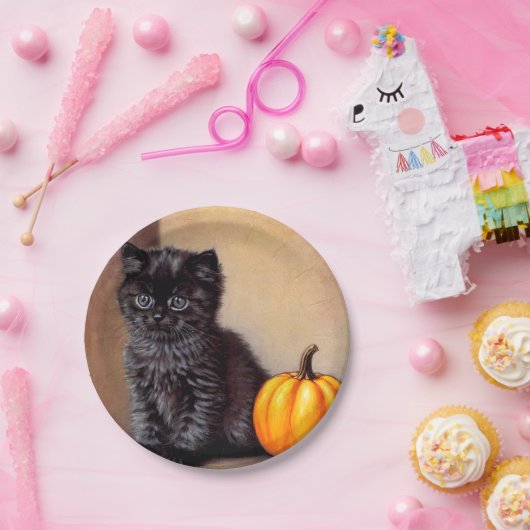 Vintage Halloween Black Kitten Illustration Pappteller (Party)