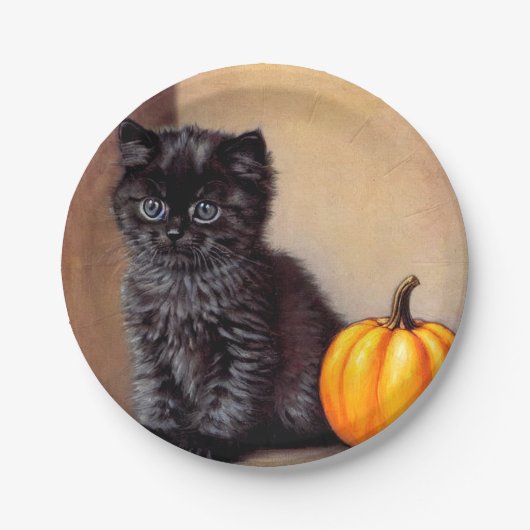 Vintage Halloween Black Kitten Illustration Pappteller (Vorderseite)