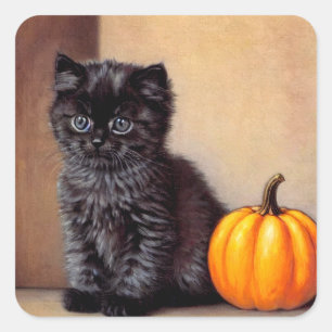 Vintage Halloween Black Kitten Illustration Quadratischer Aufkleber