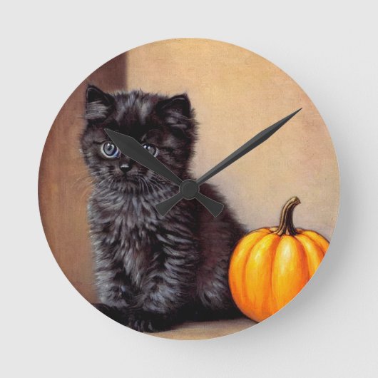 Vintage Halloween Black Kitten Illustration Runde Wanduhr (Vorderseite)