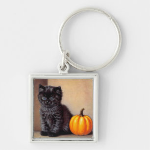 Vintage Halloween Black Kitten Illustration Schlüsselanhänger
