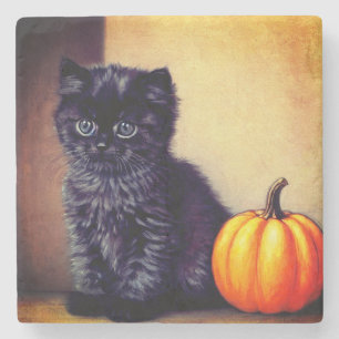 Vintage Halloween Black Kitten Illustration Steinuntersetzer