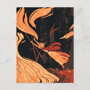 Vintage-Halloween, böse Hexe mit Feuer im Wald Postkarte