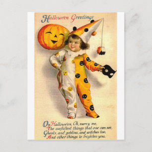 Vintage Halloween Card Costumed Girl and Pumpkin Feiertagspostkarte