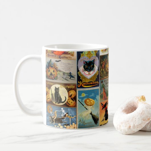Vintage Halloween Cards Collage Kaffee Tasse (Mit Donut)