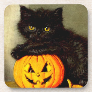 Vintage Halloween Cat and Jack-o’-Laterne Getränkeuntersetzer