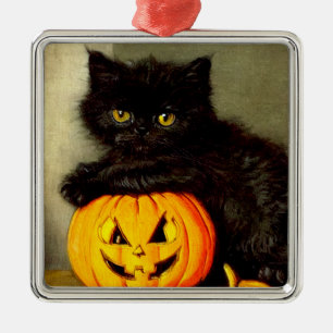 Vintage Halloween Cat and Jack-o’-Laterne Ornament Aus Metall