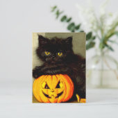 Vintage Halloween Cat and Jack-o’-Laterne Postkarte (Stehend Vorderseite)