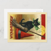 Vintage Halloween Cat & Broom Postkarte (Vorne/Hinten)
