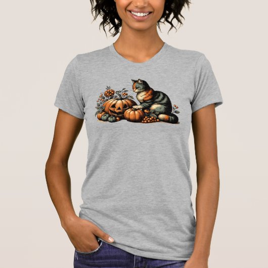 Vintage Halloween Cat und Pumpkin T-Shirt (Vorderseite)