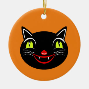 Vintage Halloween-Dekoration schwarze Katze I Keramik Ornament