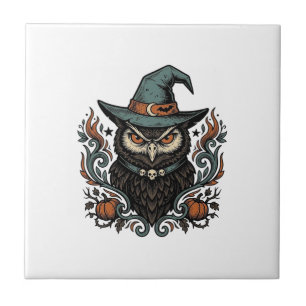 Vintage-Halloween-Eule-Hexenhut-Vektordesign_1 Fliese