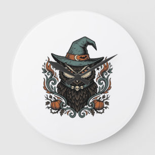 Vintage-Halloween-Eule-Hexenhut-Vektordesign_1 Große Wanduhr