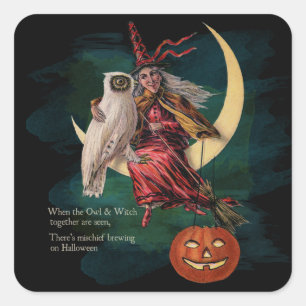 Vintage-Halloween-Eule-und-Hexen-Aufkleber Quadratischer Aufkleber