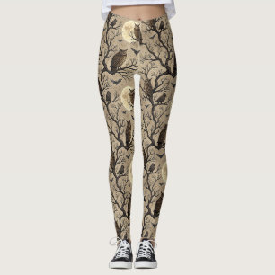 Vintage-Halloween-Eulen und Mond Leggings