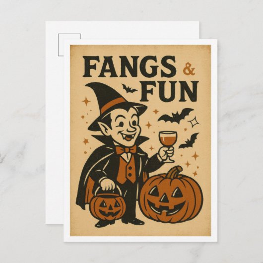 Vintage Halloween Fangs and Fun Postkarte (Vorne/Hinten)