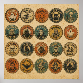 Vintage Halloween-Flaschenkappendesigns Poster