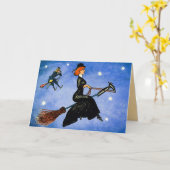 Vintage Halloween-Fliegen-Hexe-Karte Karte (Gelbe Blume)