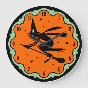 Vintage Halloween-Fliegen-Hexe-Wand-Uhr Große Wanduhr