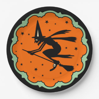 Vintage Halloween-Fliegen-Hexeplatte Pappteller