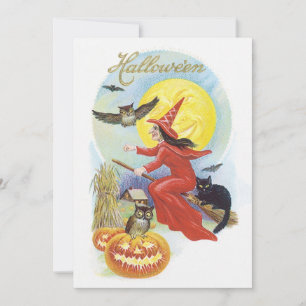Vintage Halloween, Fliegende Hexe mit einer schwar Einladung