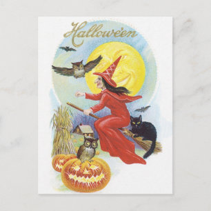 Vintage Halloween, Fliegende Hexe mit einer schwar Postkarte
