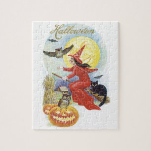 Vintage Halloween, Fliegende Hexe mit einer schwar Puzzle