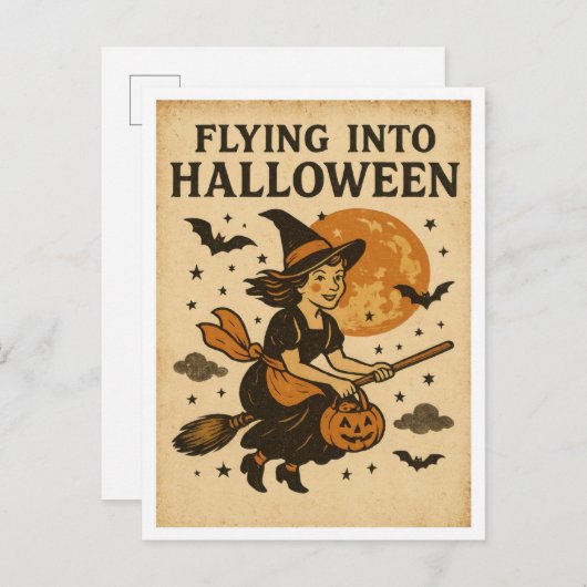 Vintage Halloween Flying Postkarte (Vorne/Hinten)