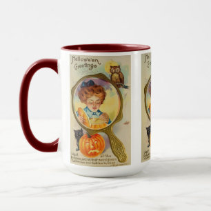Vintage-Halloween-Frau, Katze, Kürbis und Eule Tasse