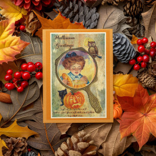 Vintage-Halloween-Frau, Kürbis und Eule Karte