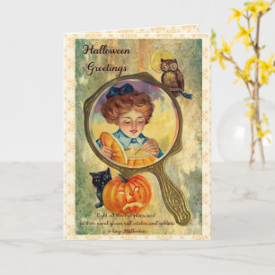 Vintage-Halloween-Frau, Kürbis und Eule Karte