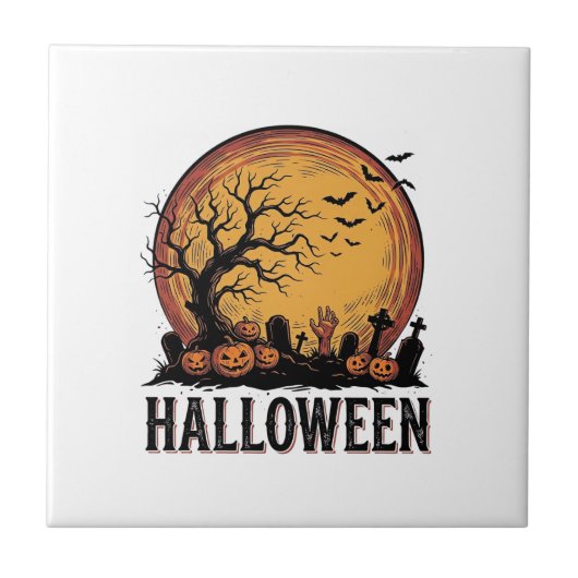 Vintage-Halloween-Friedhofs-Fledermaus-Mond-Kunst_ Fliese (Vorderseite)