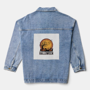 Vintage-Halloween-Friedhofs-Fledermaus-Mond-Kunst_ Jeansjacke
