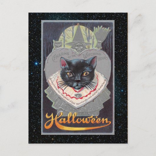 Vintage Halloween-Funnycat-Illustration Postkarte (Vorderseite)
