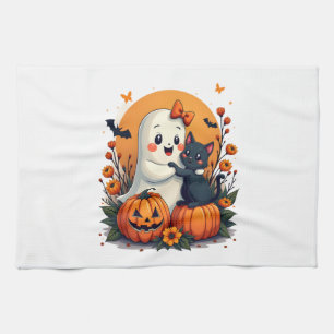 Vintage-Halloween-Geist hält schwarze Katze Groovy Geschirrtuch