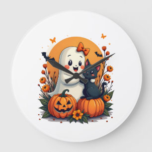Vintage Halloween-Geist hält schwarze Katze Groovy Große Wanduhr