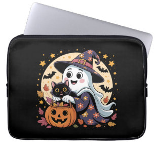 Vintage-Halloween-Geist hält schwarze Katze Groovy Laptopschutzhülle