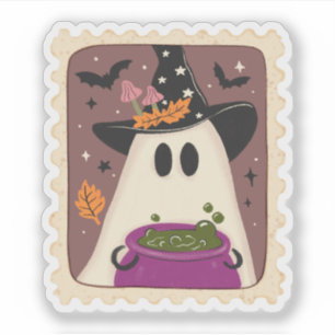 Vintage-Halloween-Geist-Hexe-&-Kessel-Stempel Aufkleber