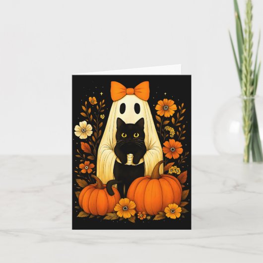 Vintage-Halloween-Geist mit schwarzer Katze Groovy Karte (Vorderseite)