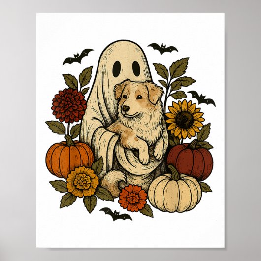 Vintage Halloween Ghost Aussie Dog Herbstliche Blu Poster (Vorne)