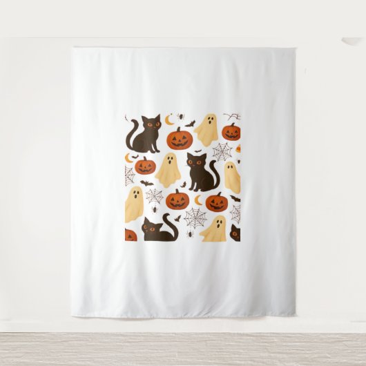 Vintage Halloween Ghost & Black Cat Pattern Klasse Wandteppich (Vorderseite)