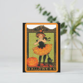 Vintage Halloween-Girl-Hexe, Pumpkin, Schwarze Kat Postkarte (Stehend Vorderseite)