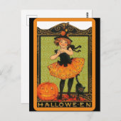 Vintage Halloween-Girl-Hexe, Pumpkin, Schwarze Kat Postkarte (Vorne/Hinten)