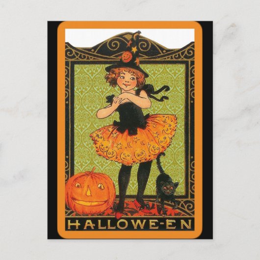 Vintage Halloween-Girl-Hexe, Pumpkin, Schwarze Kat Postkarte (Vorderseite)