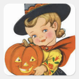 Vintage Halloween Girl Holding Pumpkin Quadratischer Aufkleber