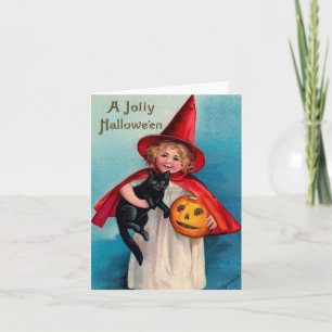 Vintage Halloween-Girl mit schwarzer Katze Karte